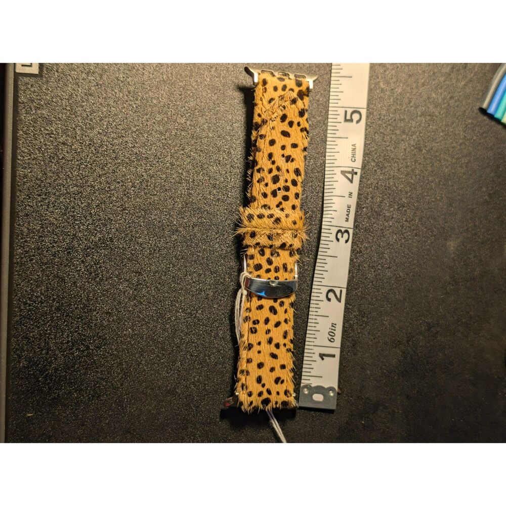 Leopard Print Calf Hair Apple Watch Band Cheetah Fur Leather Strap Silver Lugs